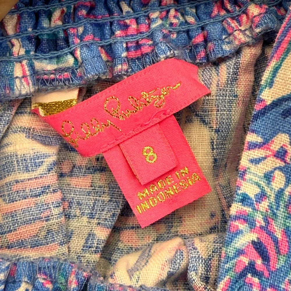 Lilly Pulitzer Yvette Linen Top 8 Blue Pink Sailboat‎ Puff Sleeve Smocked 013352